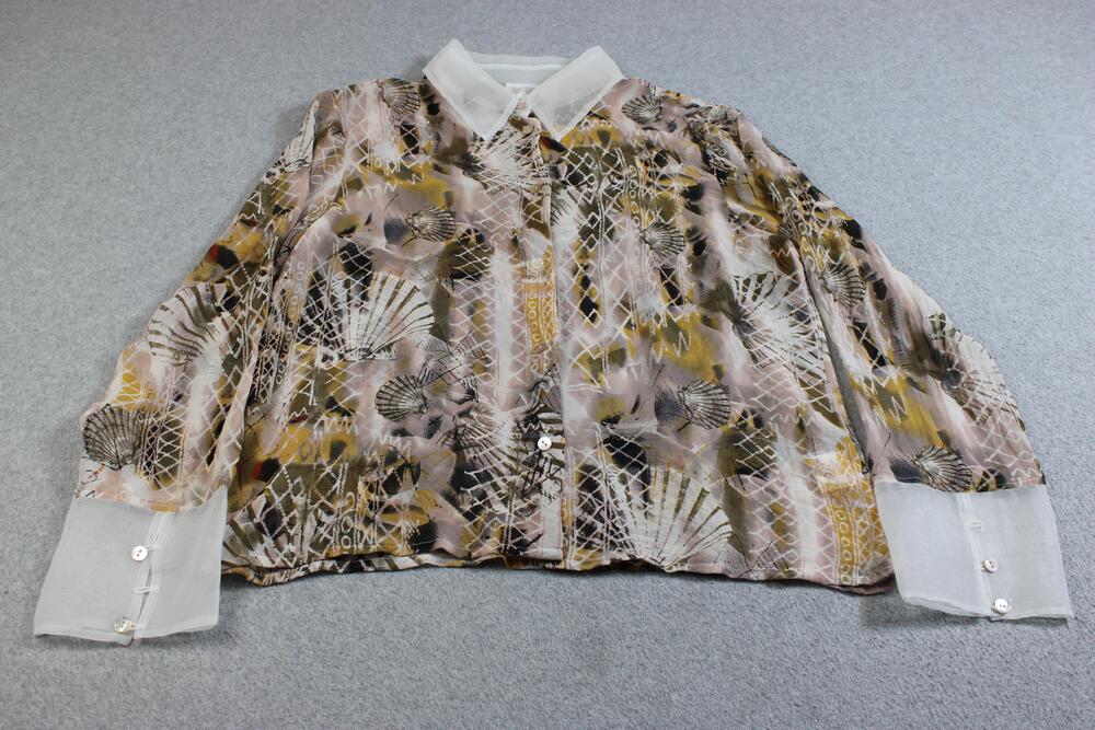 Silk Shirt Women 46 Brown Shell Print Sheer Button Beach Boho Coastal Artsy READ